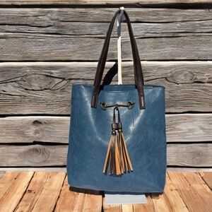 Liz Soto Blue Faux Leather Shoulder Bag Equestrian Horsebit Tassel Boho Festival